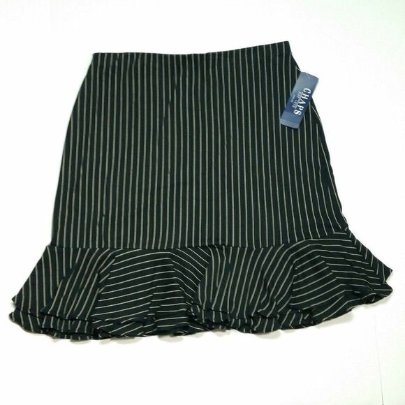 𝅺CHAPS Striped Tiered Ruffled Skirt Black Knee Length Elastic Waistband Large - Picture 1 of 7